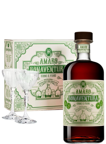 Amaro erbe e fiori con 2 bicchieri