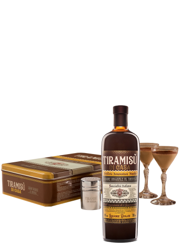 Liquore al Tiramisù con 2 bicchieri e dosatore cacao 